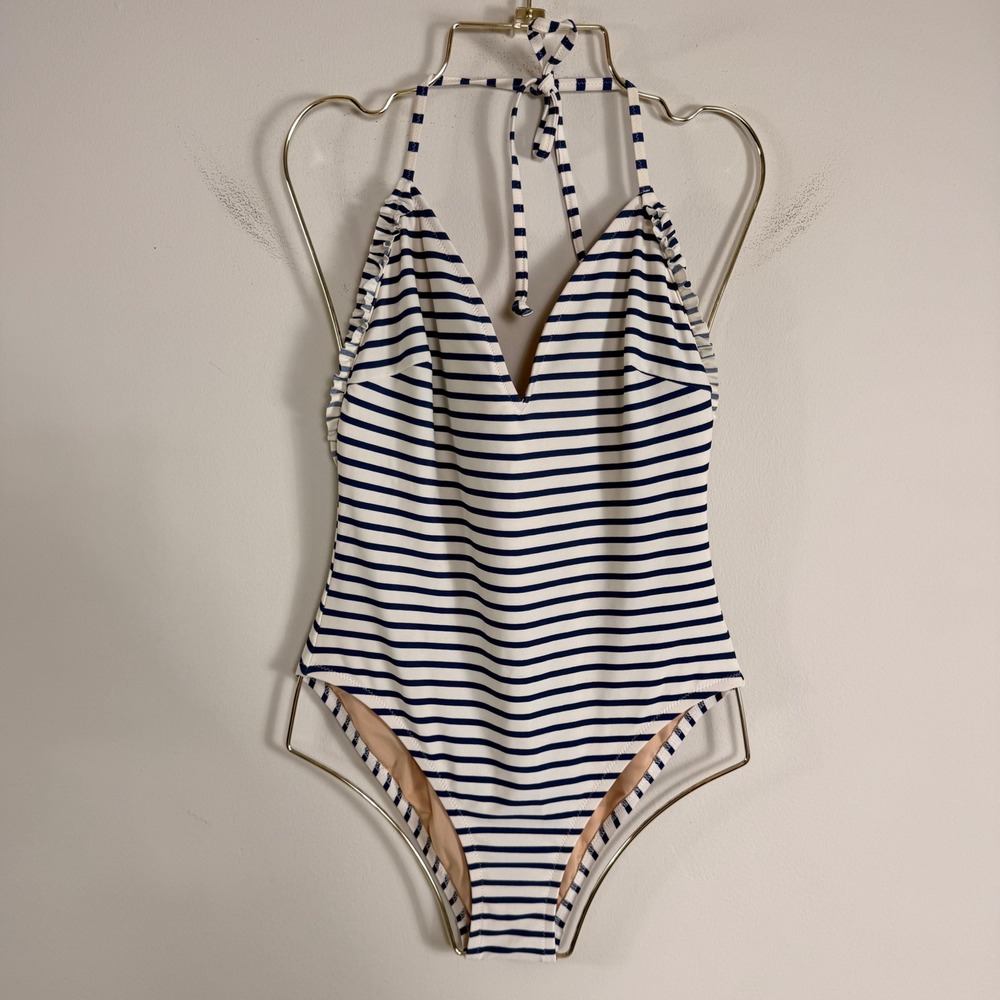 J.Crew Womens Navy White Striped Ruffle Halter One Piece Swimsuit Size 6